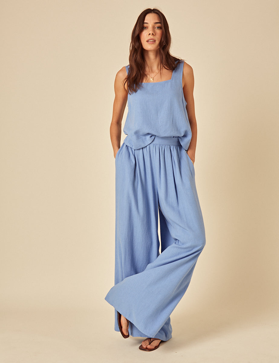 Blue Linen-Blend Wide Leg Jerrow Trousers