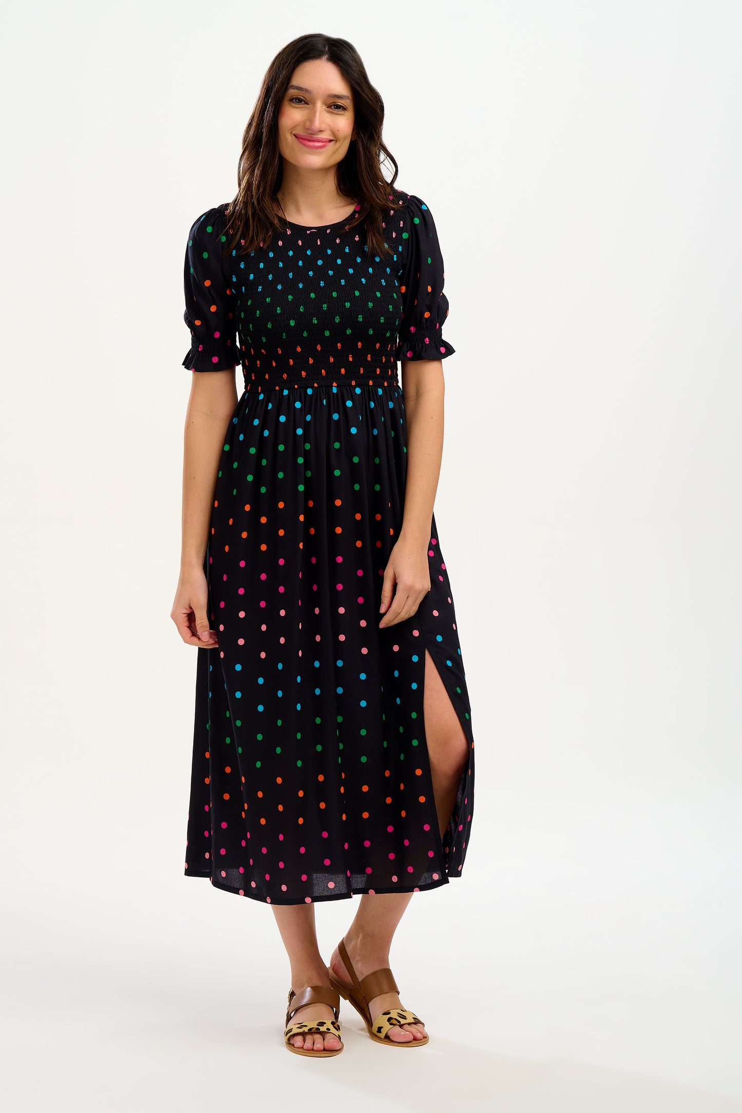 Rosita Midi Shirred Dress - Black, Rainbow Polka