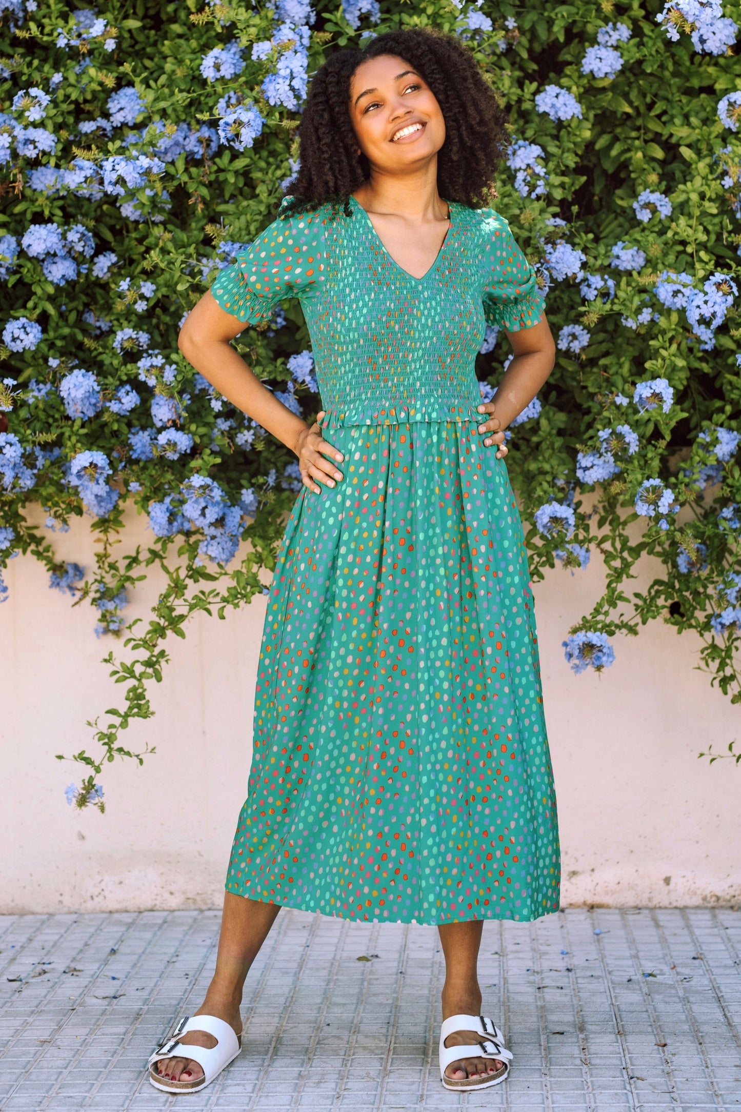 Bettina Midi Shirred Dress - Green, Rainbow Pebbles
