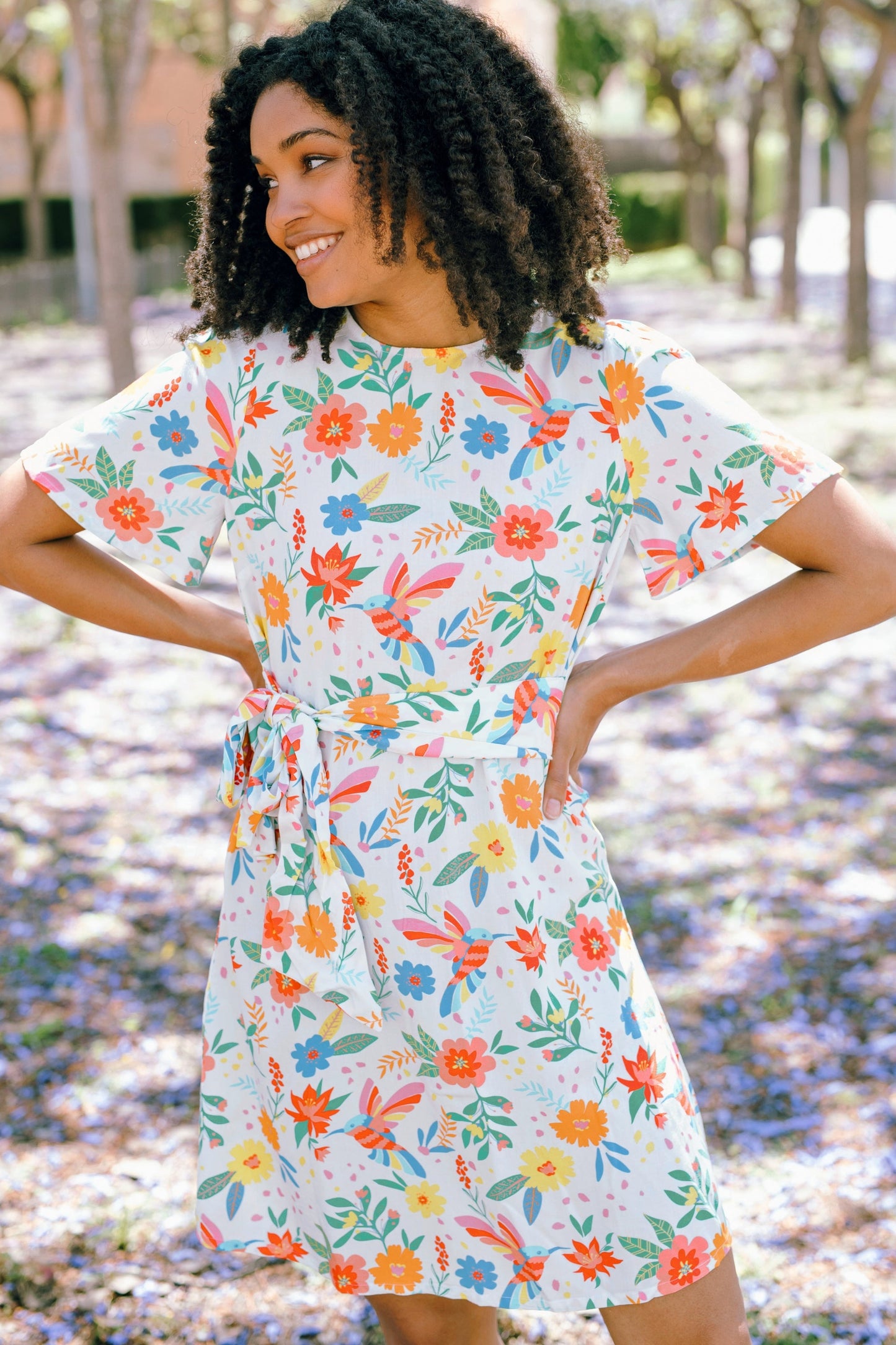 Orchid Mini Dress - Off-White, Tropical Hummingbird