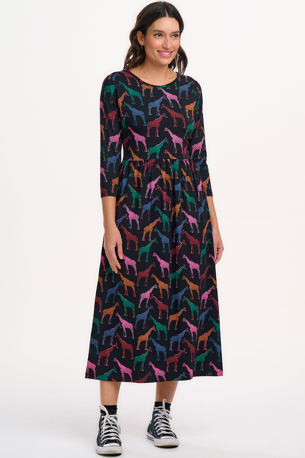 Hadley Midi Jersey Dress - Black, Giraffe Spots