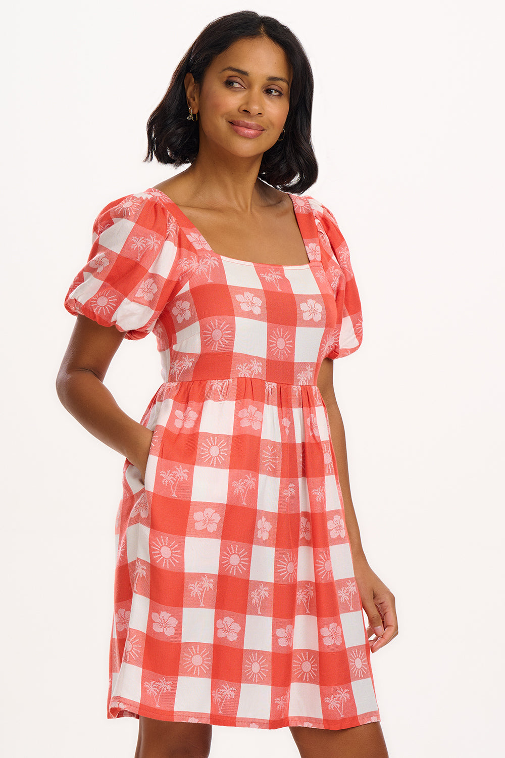 Freya Mini Dress - Off-White/Coral, Tropical Gingham