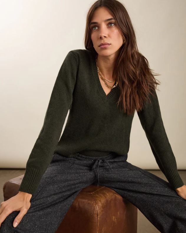 Emmeline Wool Blend V-Neck Jumper Deep Khaki