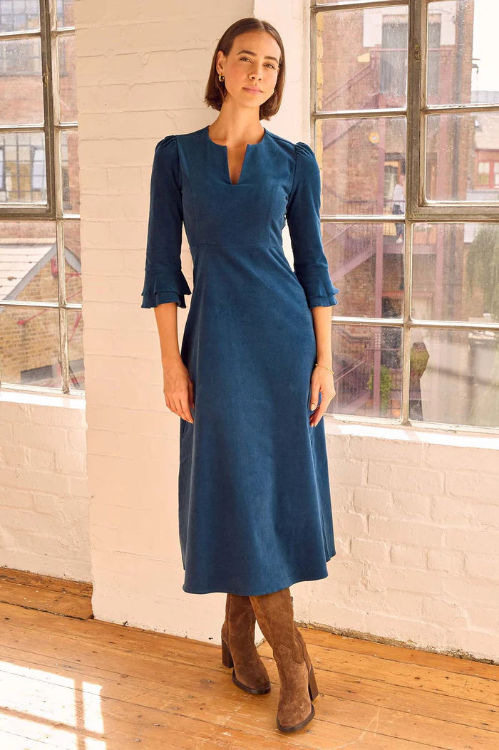 Jocelyn V-Neck 3/4 Sleeve Stretch Corduroy Dress - Peacock Blue