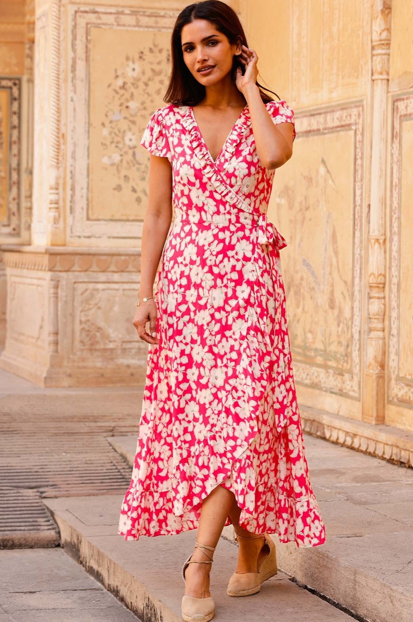Sustainable Demi Short Sleeve Wrap Ecovero Viscose Summer Wedding Guest Evening Dress Floral Printed Pink