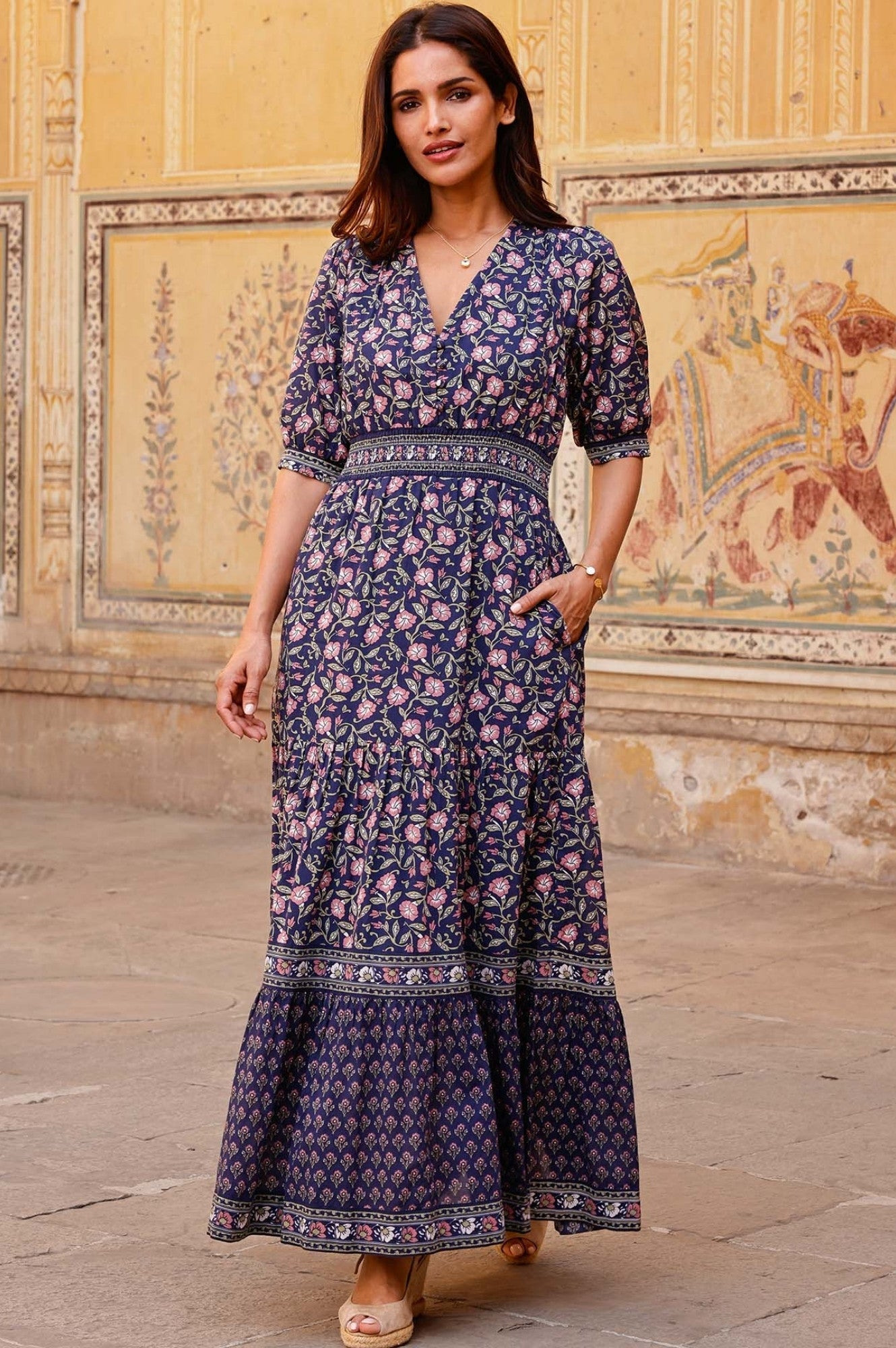 Billie Short Sleeve Organic Cotton Summer Holiday Wedding Guest Evening Dress Navy Blue Pink