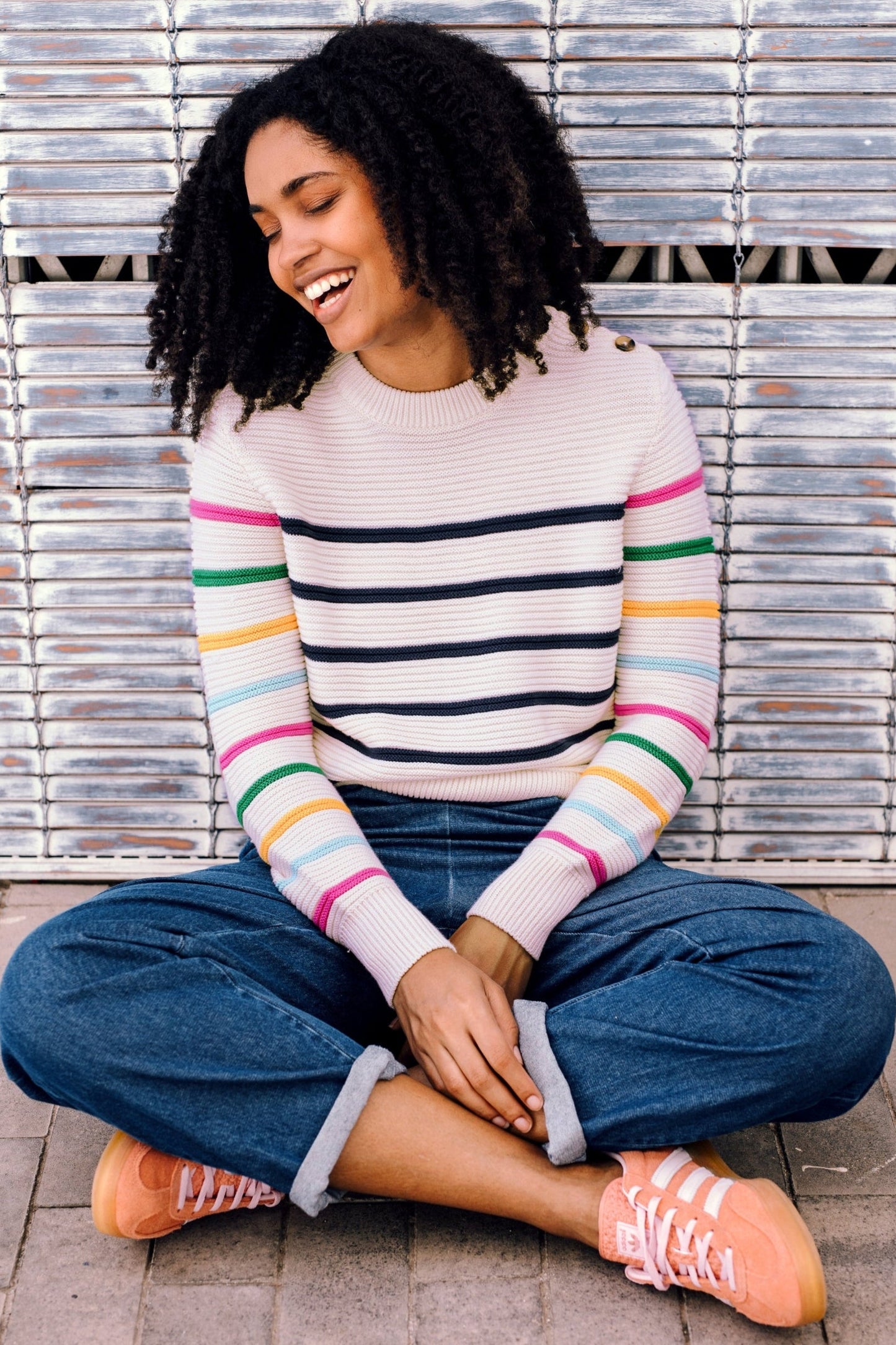 Rebecca Jumper - Off-white/navy, Classic Stripe Rainbow Sleeves