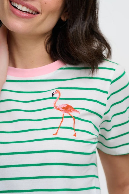 Maggie T-shirt - Off-White/Green Stripes, Flamingo