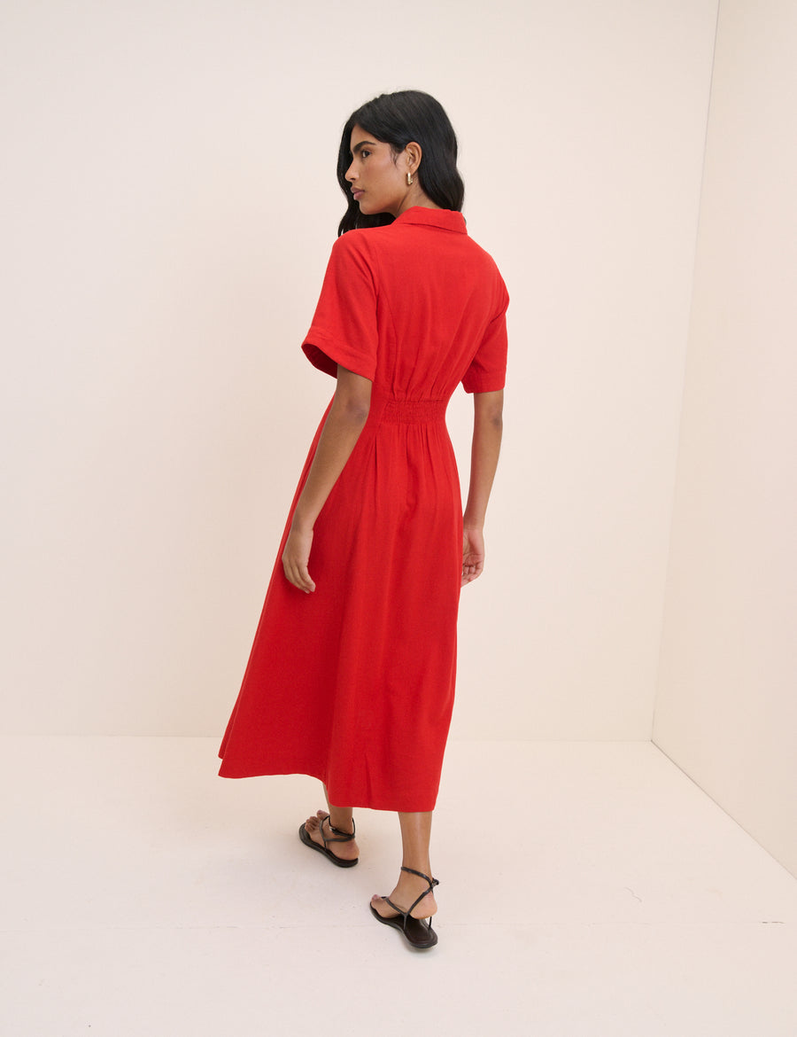 Red Linen-Blend Dillon Shirt Dress