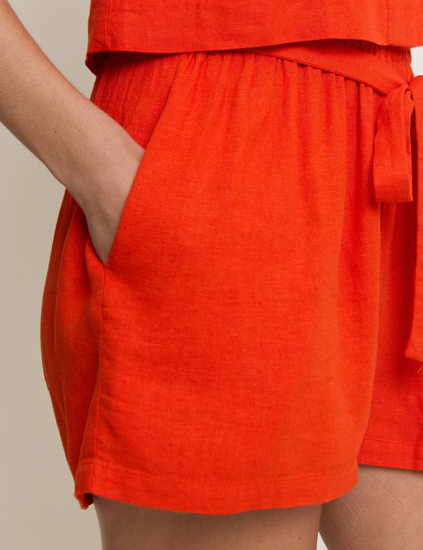 Orange Linen-Blend Tie Detail Pull On Shorts