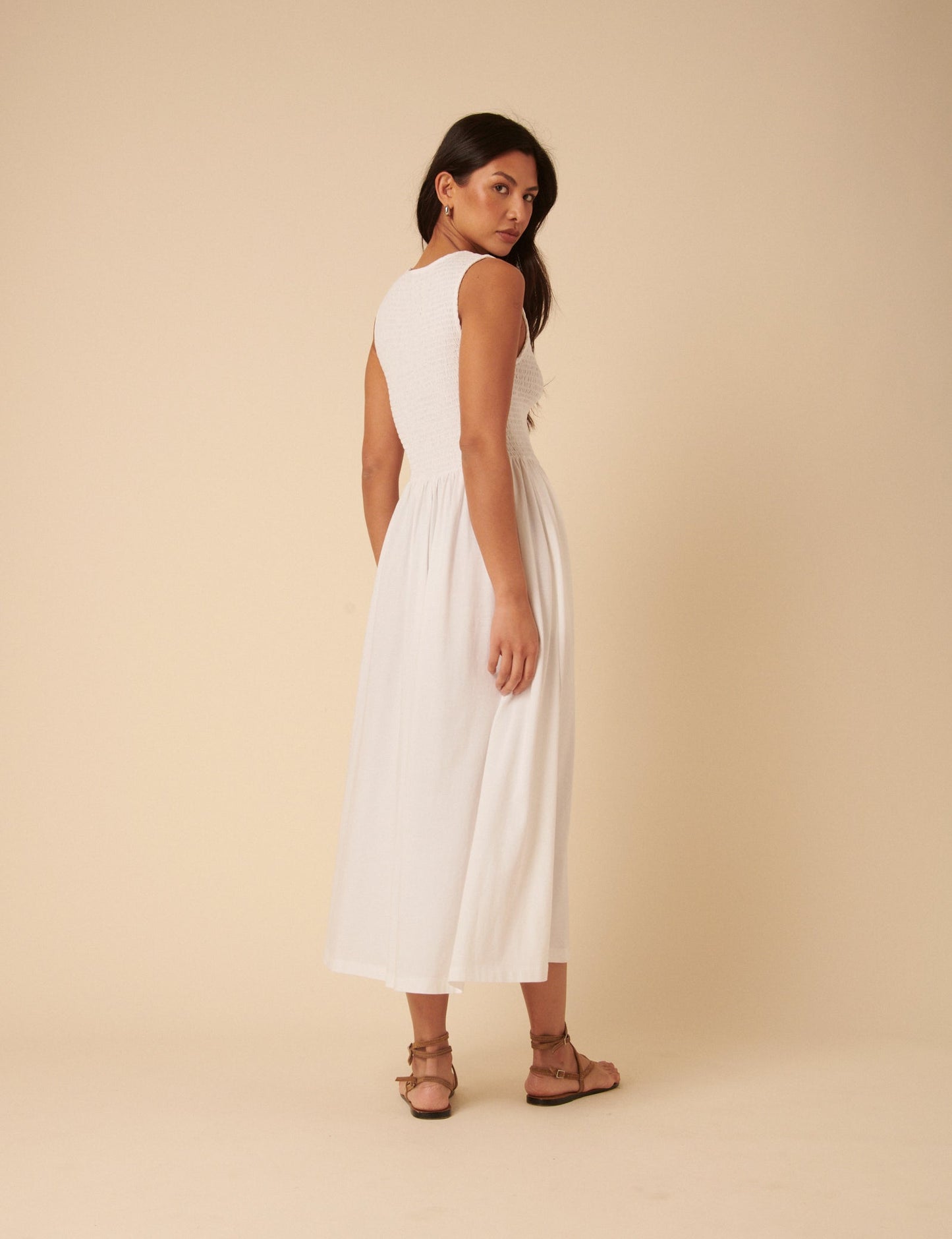White Shirred Bodice Billie Jersey Midi Dress