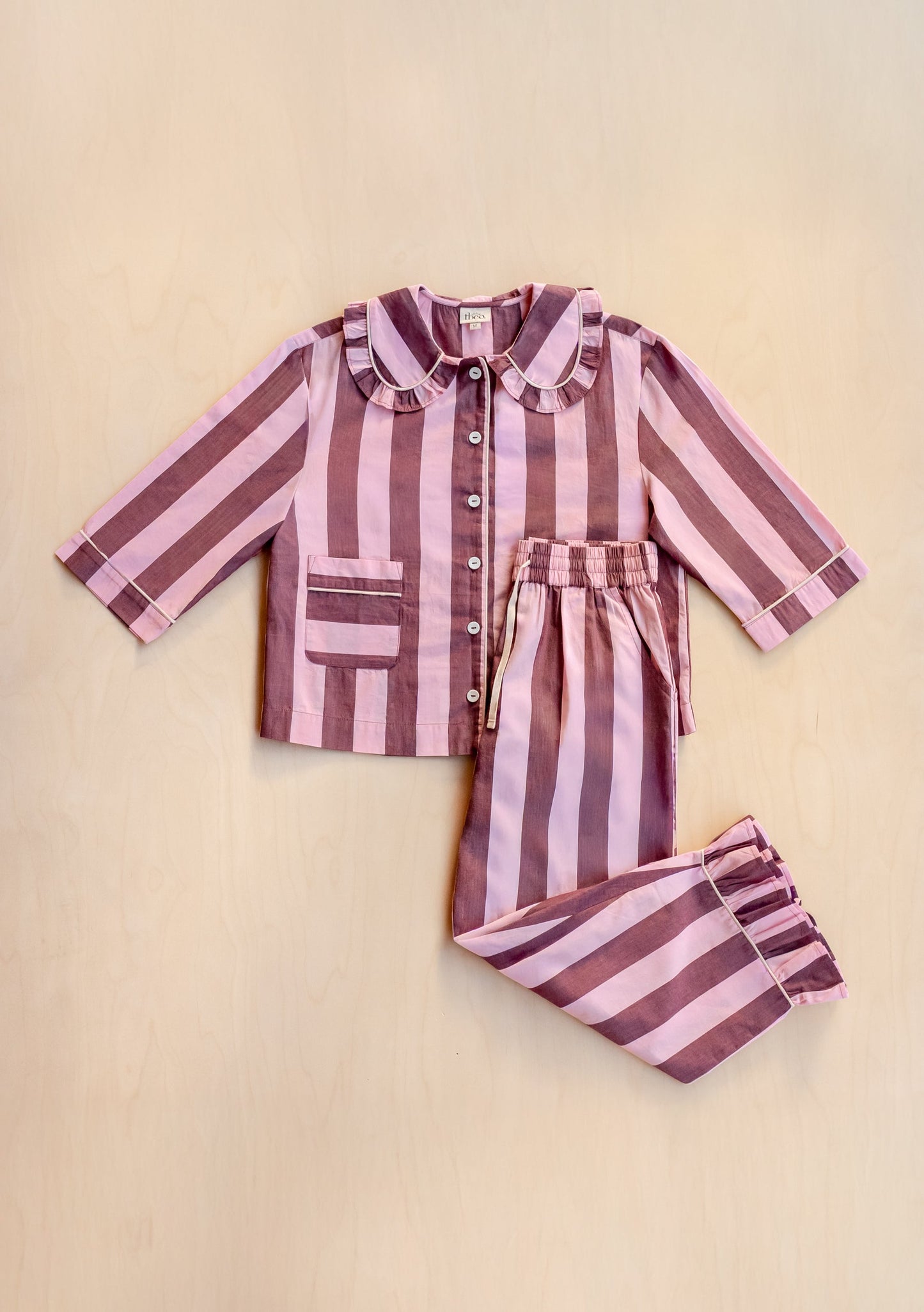 Cropped Cotton Pyjamas - Pink & Burgundy Stripe
