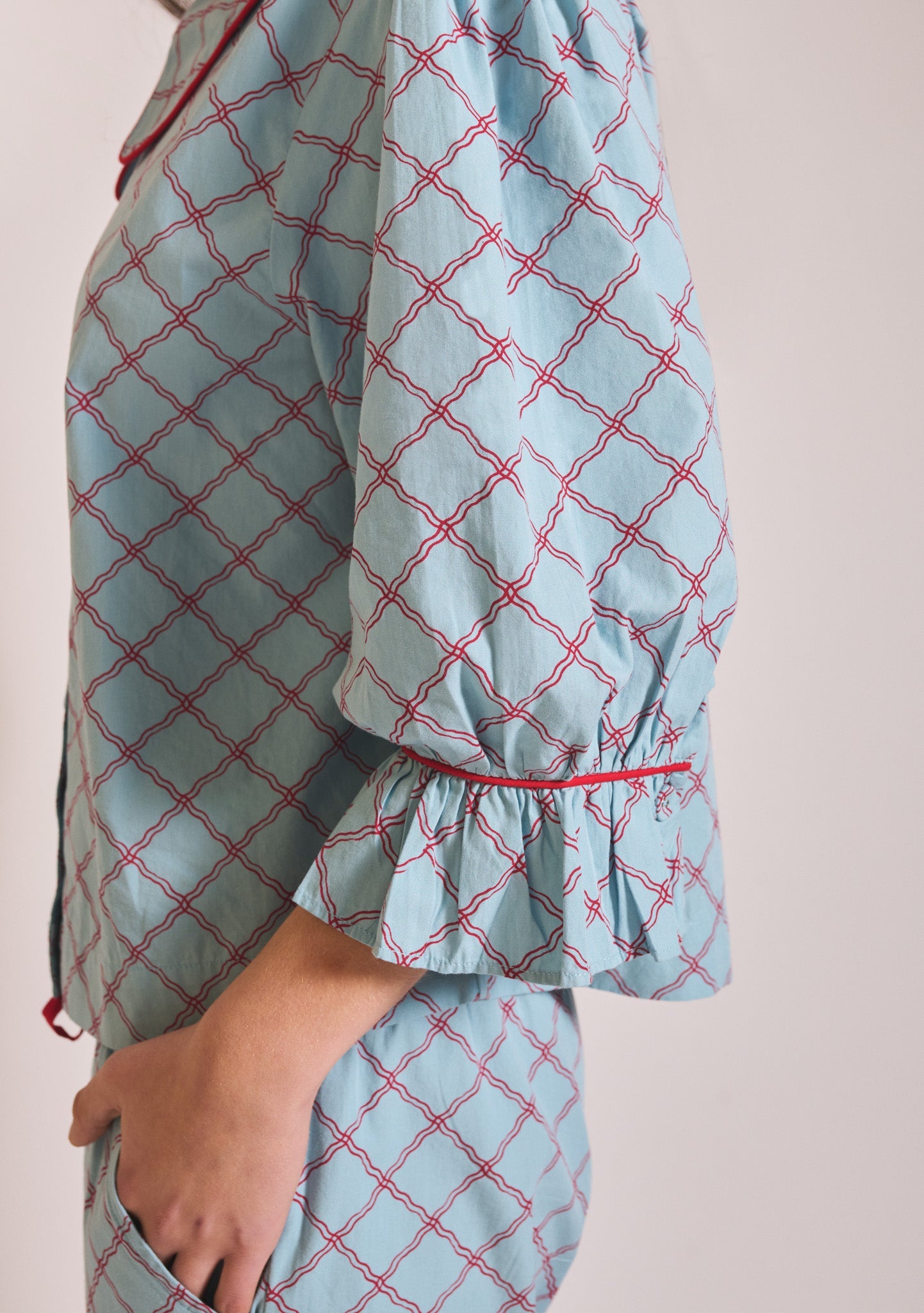 Cropped Cotton Pyjamas - Blue Lattice