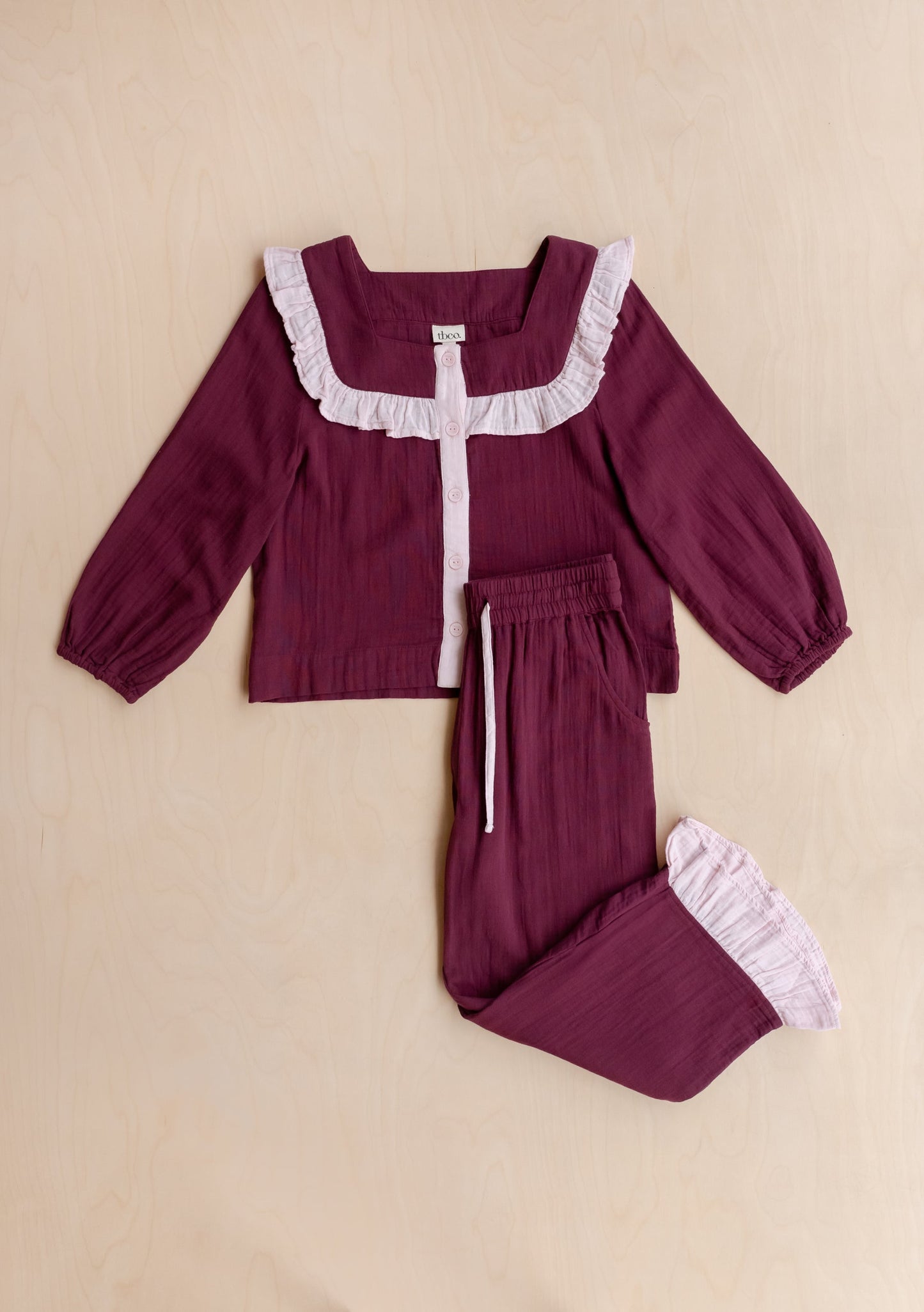 Cropped Cotton Pyjamas - Burgundy Ruffle