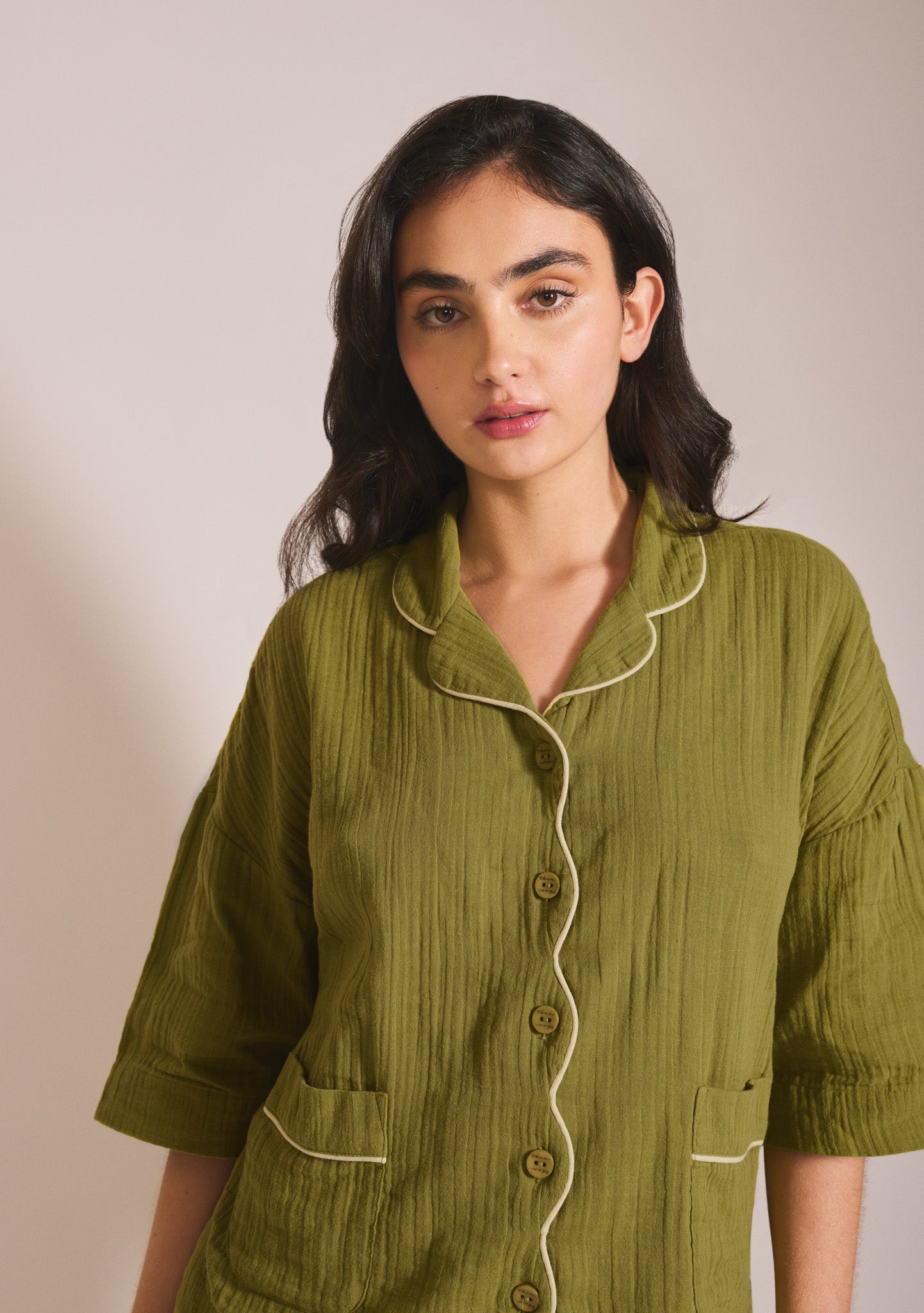 Cropped Cotton & Linen Pyjamas - Green