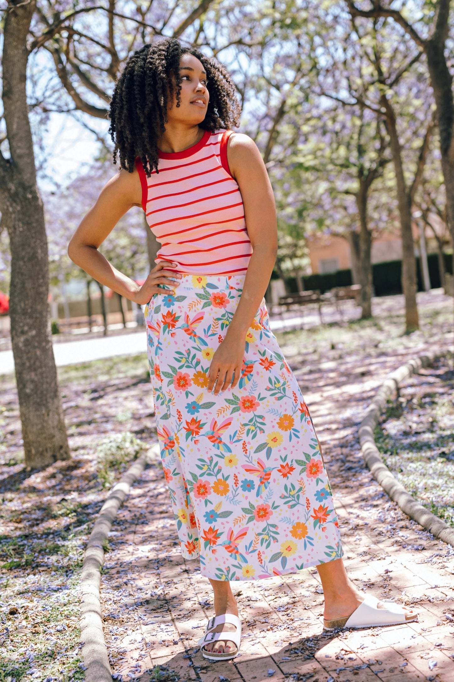 Rosalind Skirt - Off-White, Tropical Hummingbird