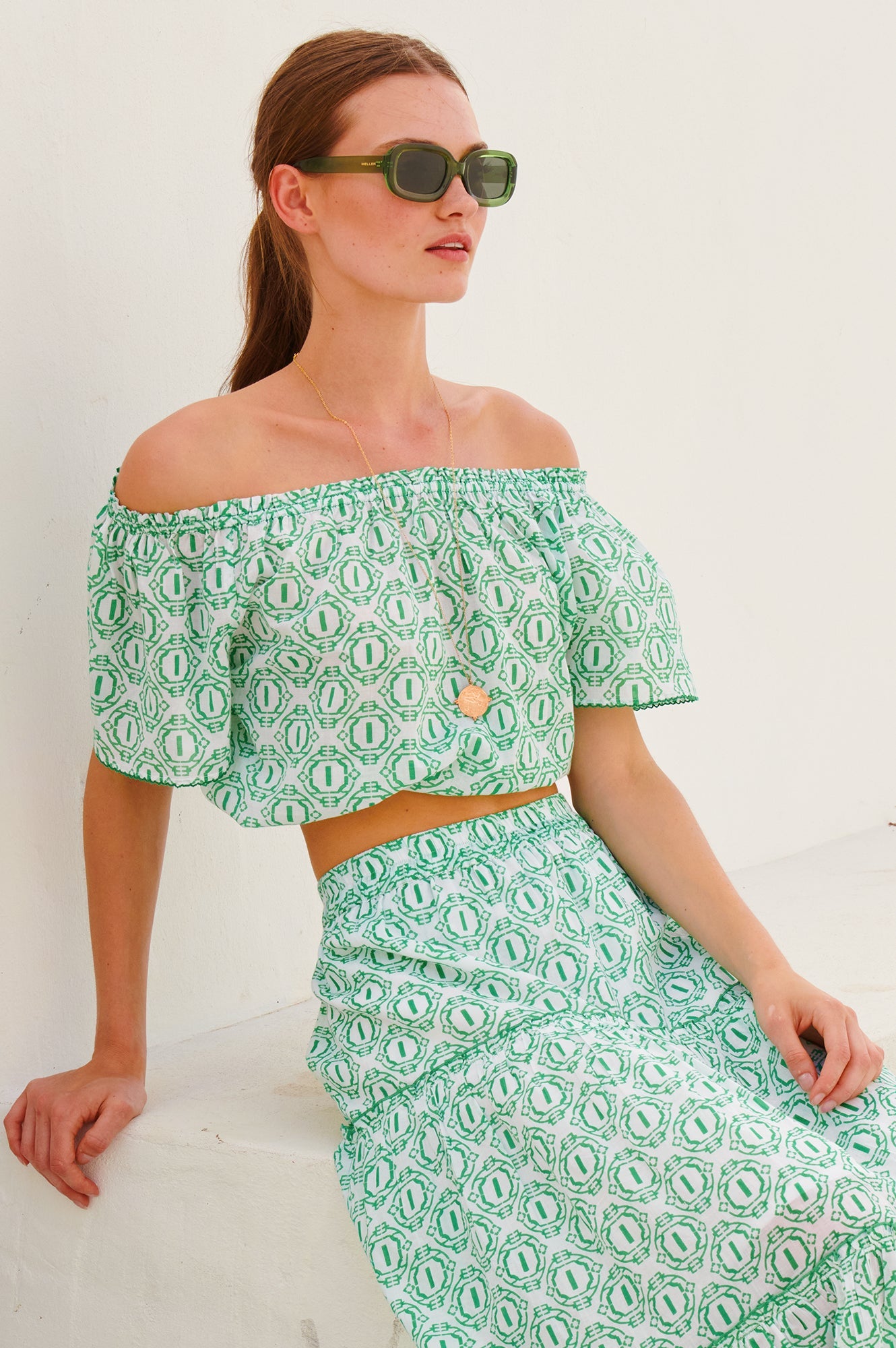 Ilana Organic Cotton Top Summer Holiday On / Off the Shoulder Circle Geo Green (XS-XL)