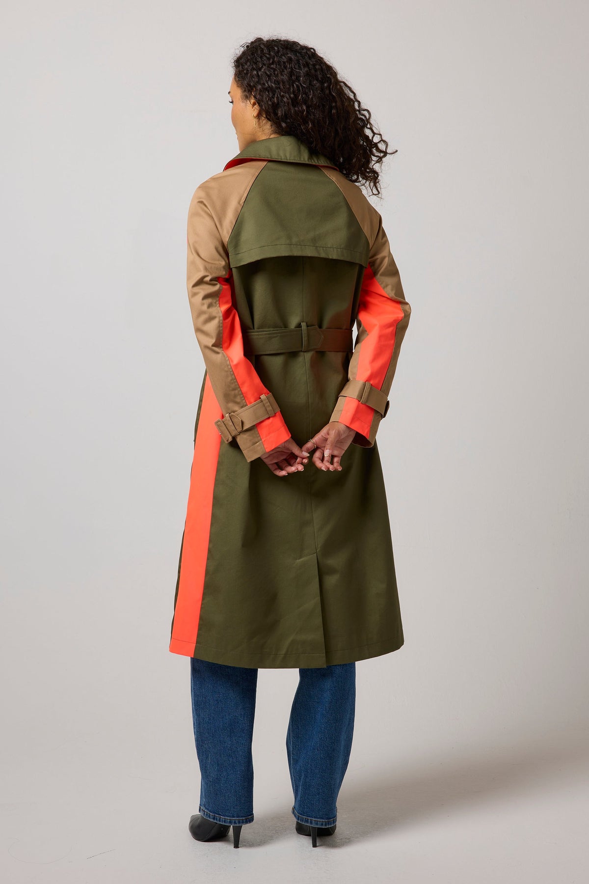Khaki with Camel and Coral Colourblock Trench Coat