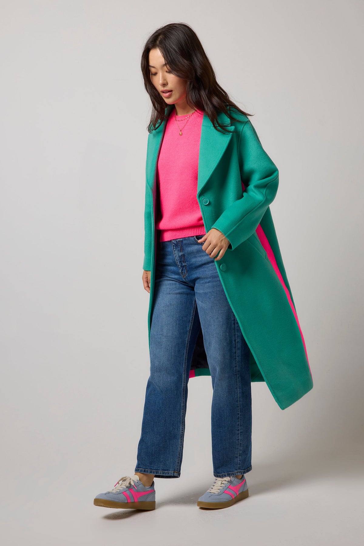 Green with Neon Pink Wool Blend Coat