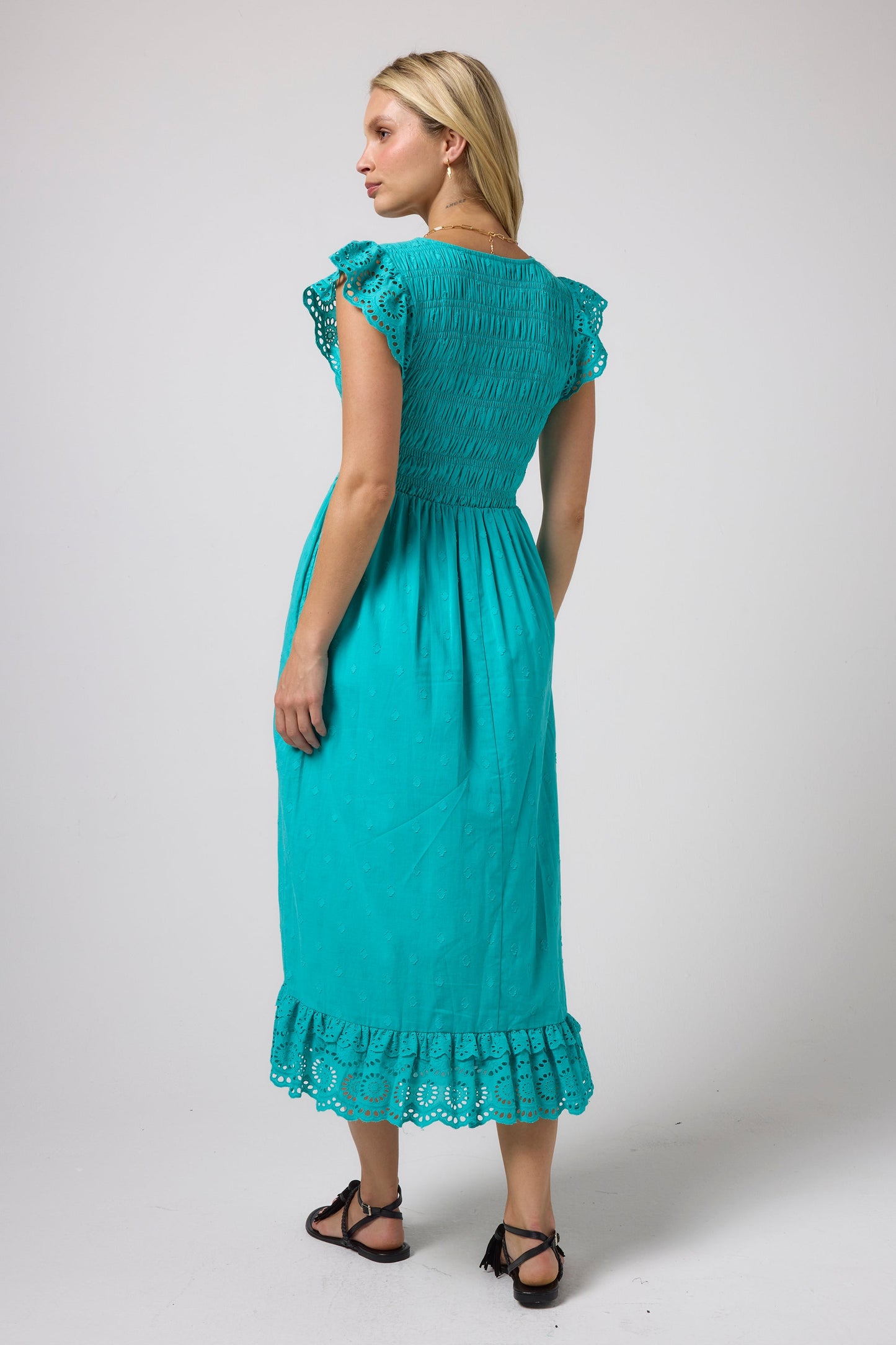 Turquoise Broderie Shirred Midi Dress