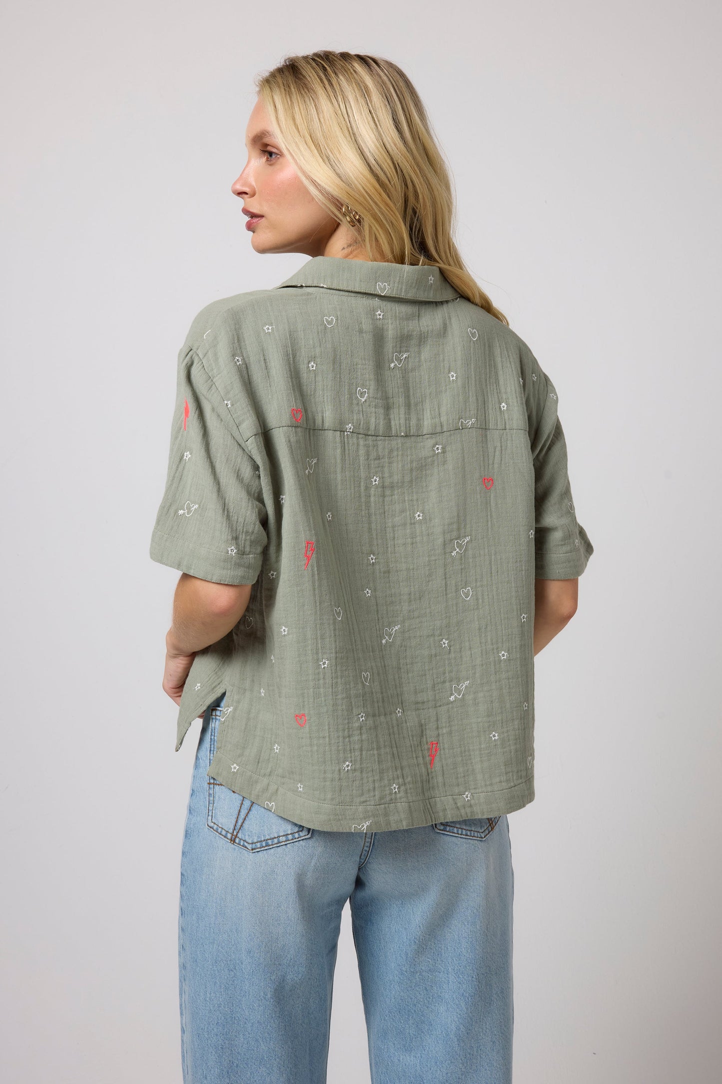 Khaki Cheesecloth Embroidered Shirt