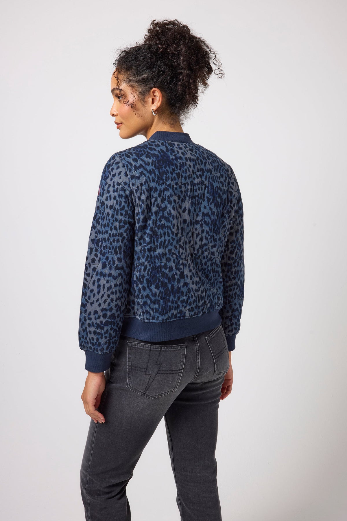 Navy Cheetah Fitted Quilted Bomber Jacket