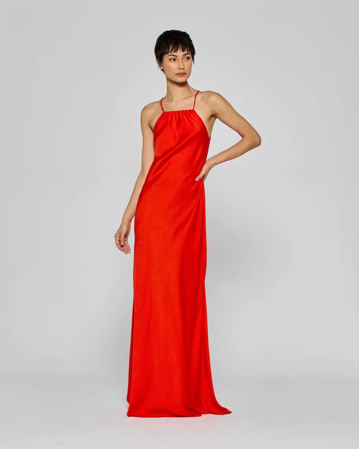 Gathered Neck Bias Dress - Red