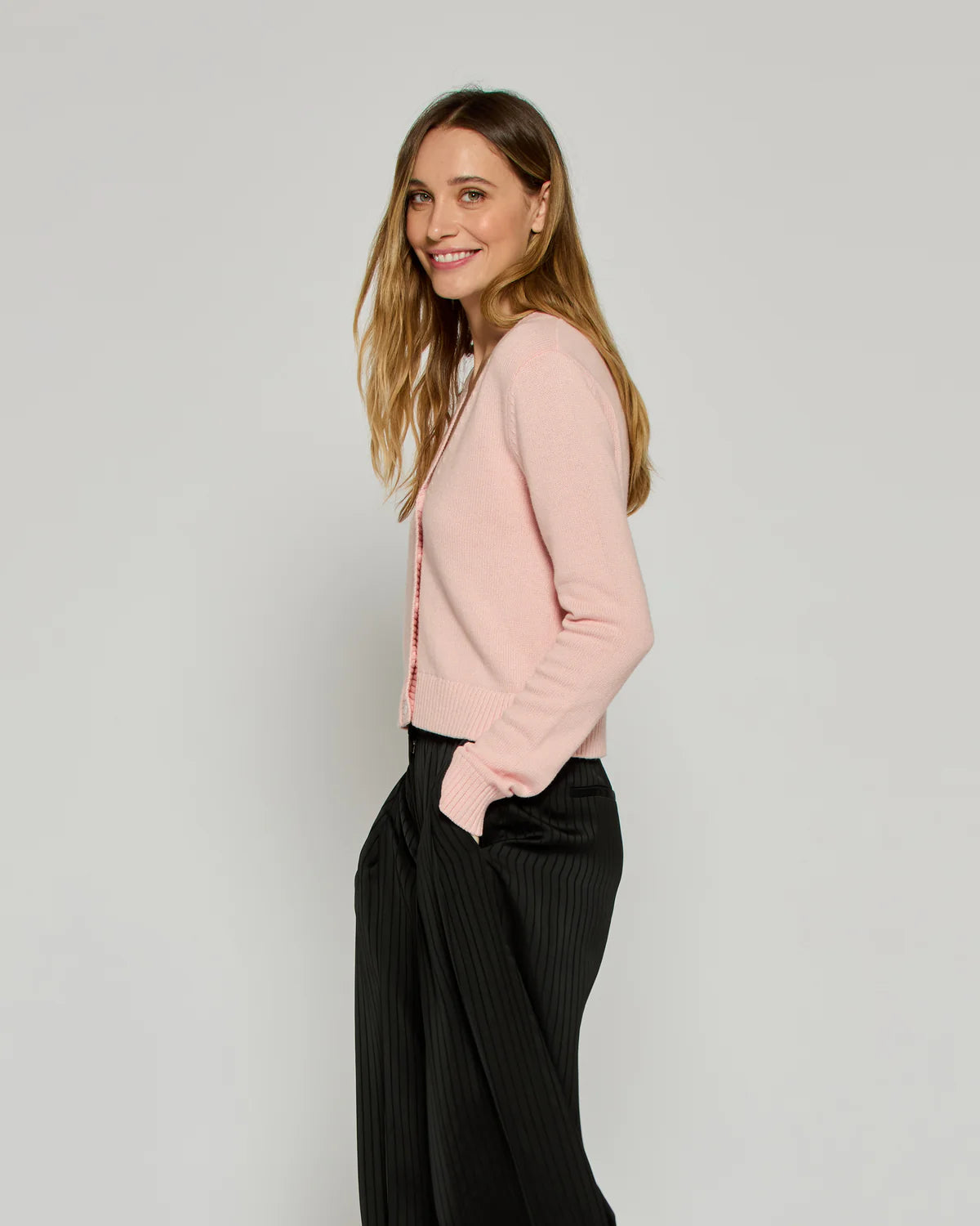 V-neck Semi Cropped Cardigan - Light Pink