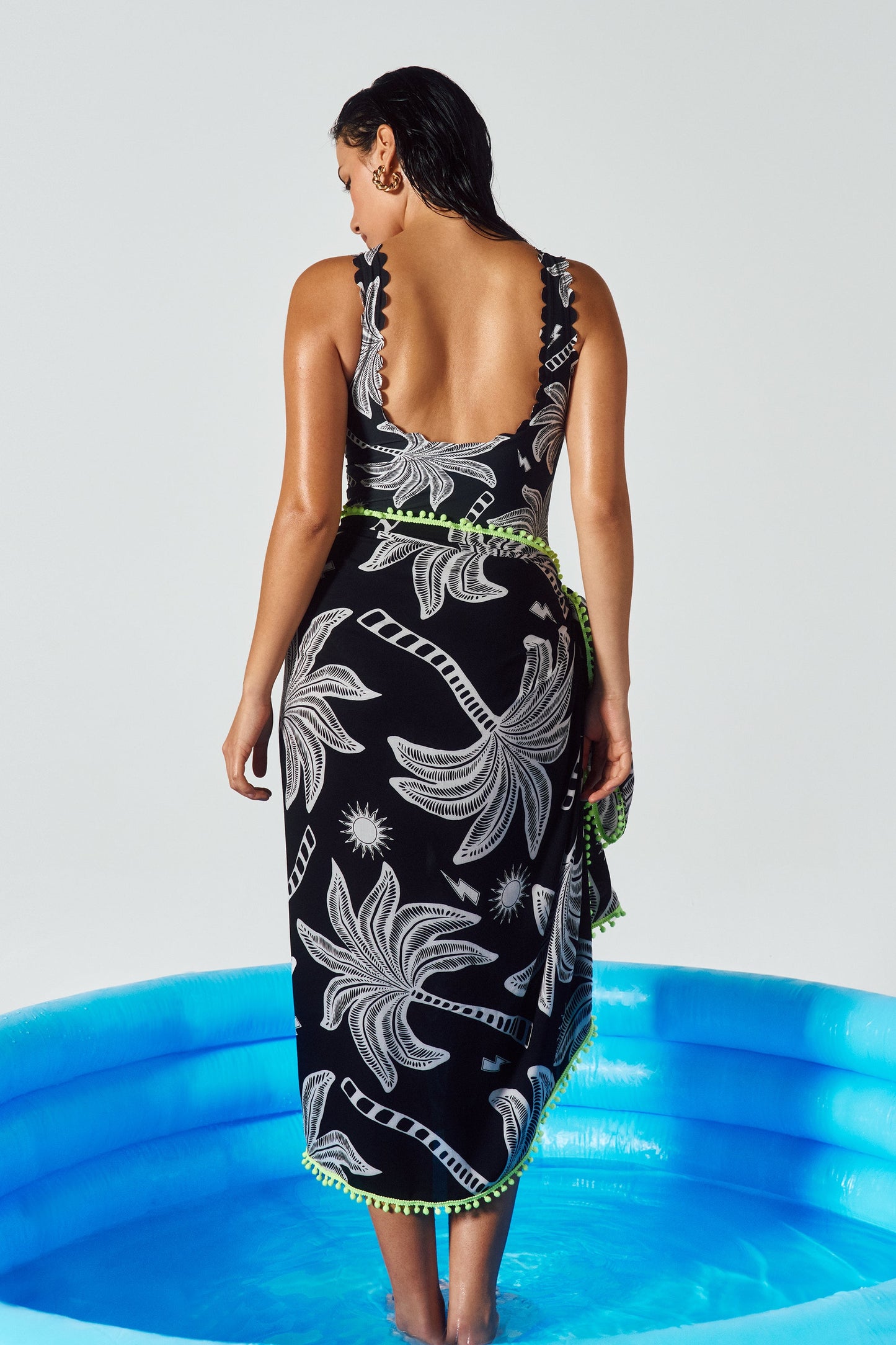 Black with Off White Palm Spring Scallop Edge Swimsuit