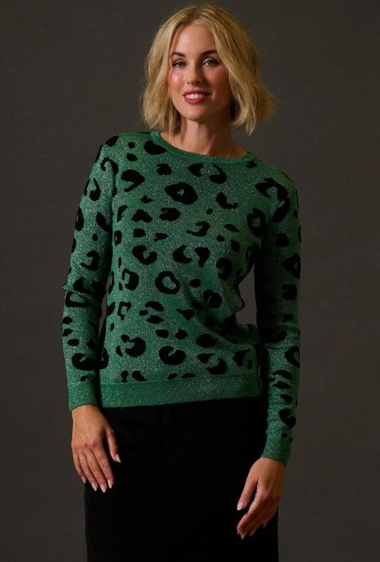 Rowena Jumper - Green, Sparkle Leopard