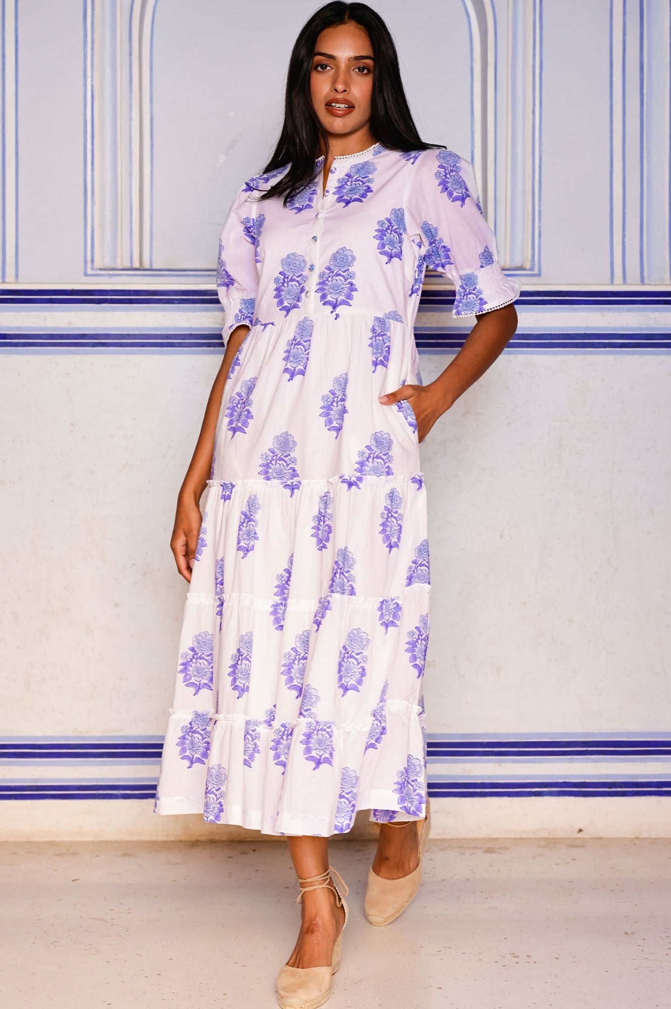 Sustainable Cordelia Organic Cotton Block Print Summer Wedding Guest Evening Dress Floral Printed Blue