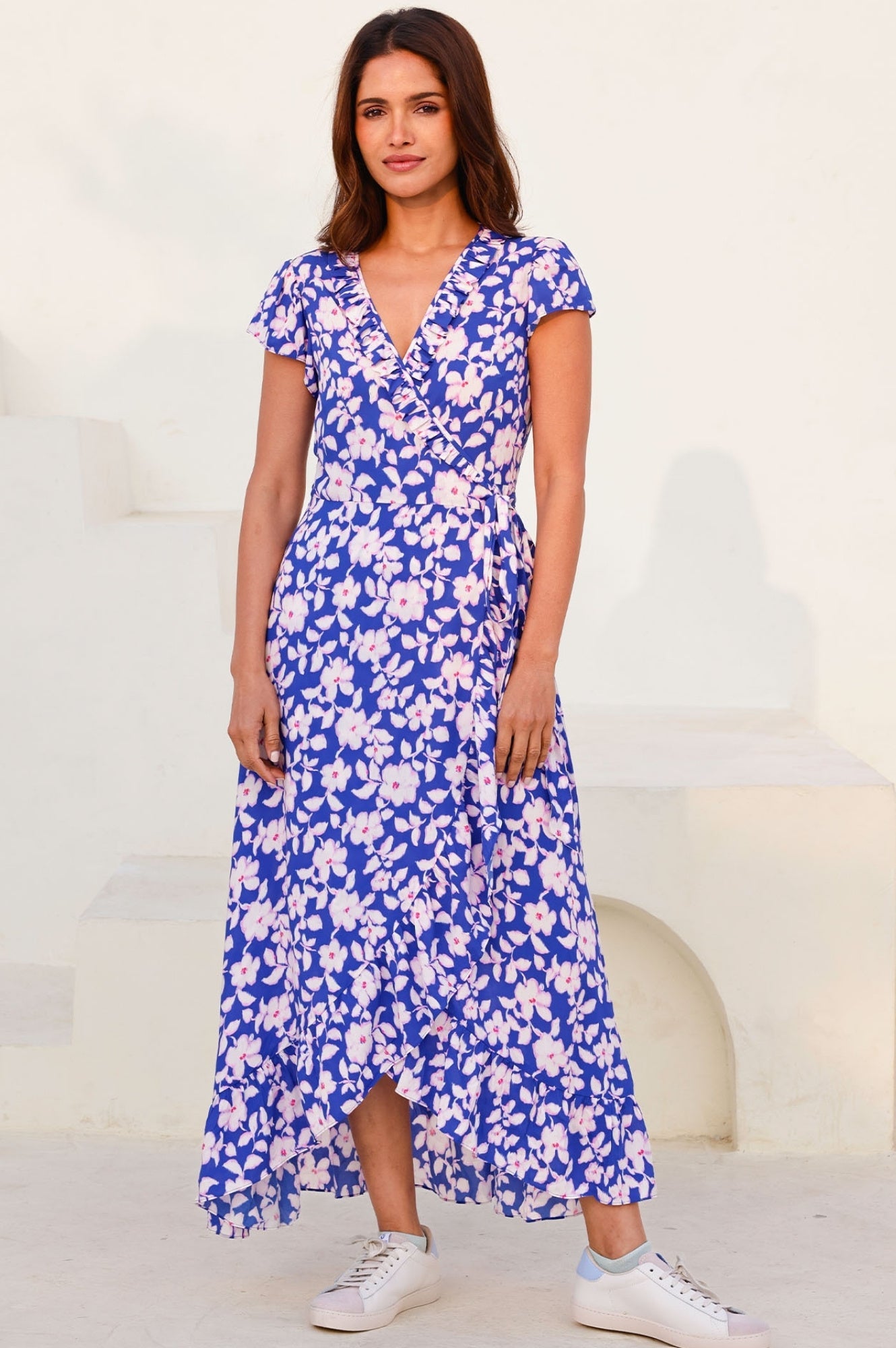 Sustainable Demi EcoVero Viscose Wrap Summer Wedding Guest Evening Dress Floral Printed Cobalt Blue Pink
