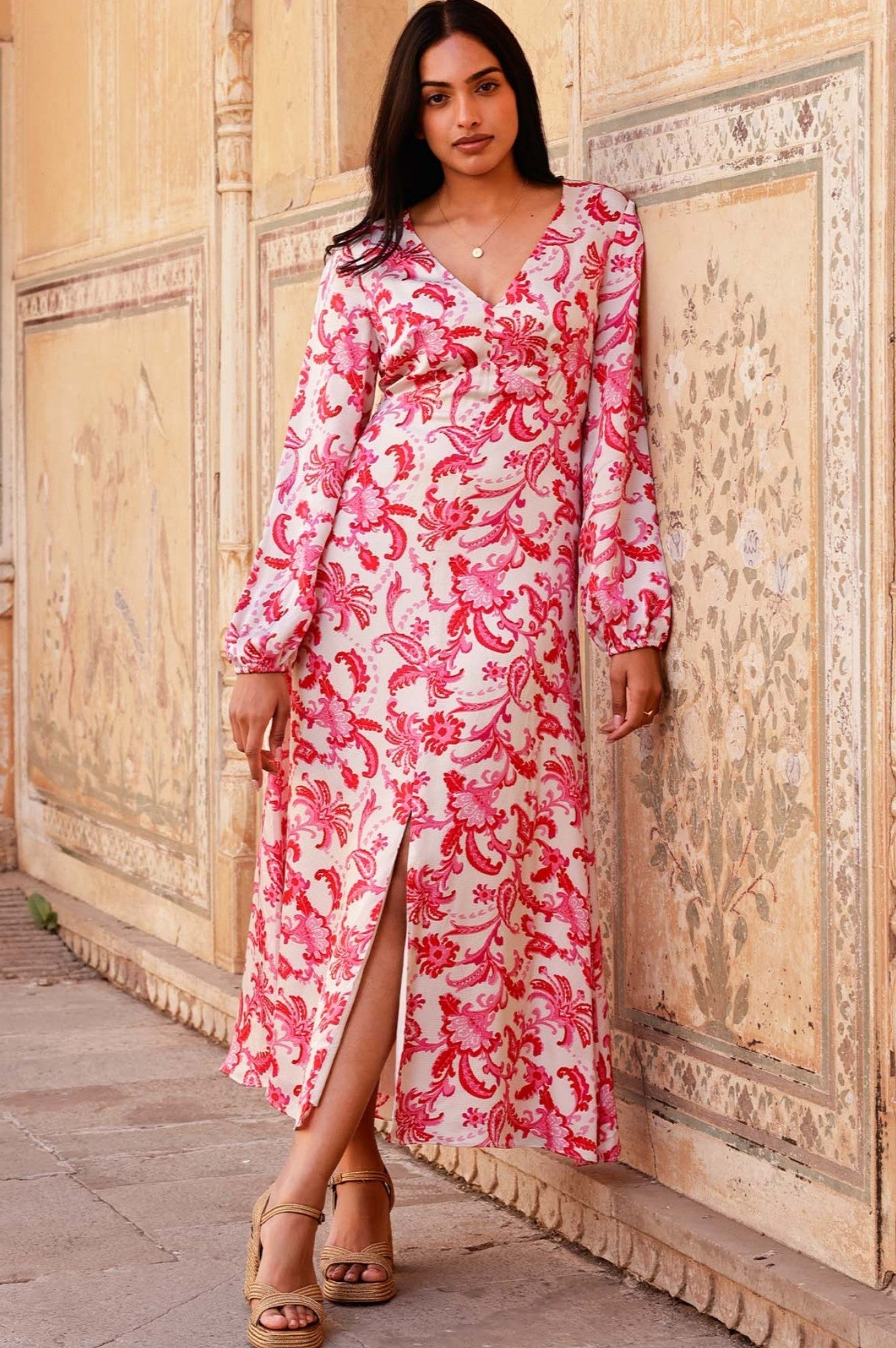 Hannah Satin Viscose V Neck Long Sleeve Summer Wedding Guest Dress Floral Printed Cream Red Pink