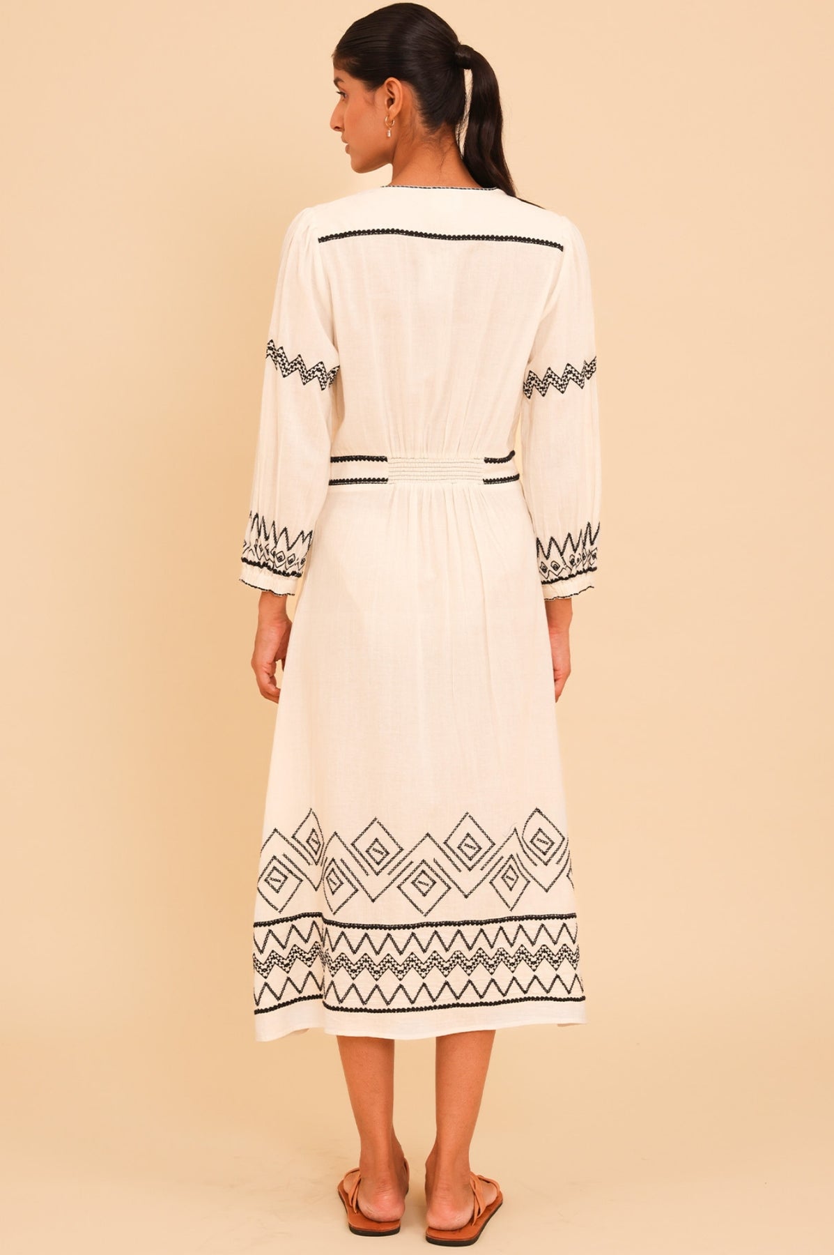 Jamila Embroidered Organic Cotton Dress - Ecru/Black