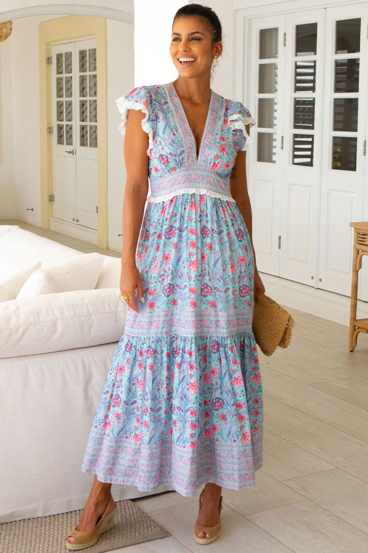 Pippa Block Print Dress - Red and Blue