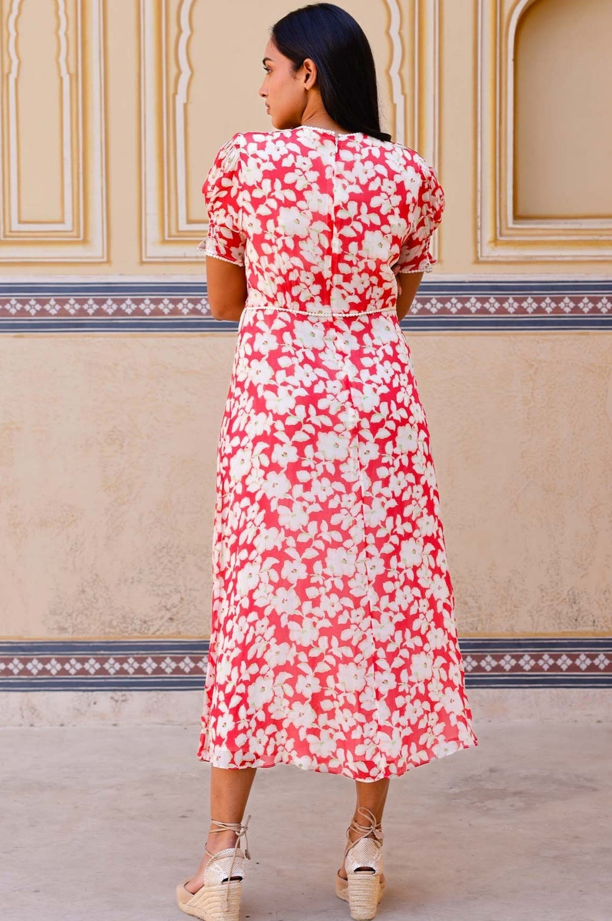 Short Sleeve Sally Anne Summer Wedding Guest Dress - Floral Printed Pink/Red