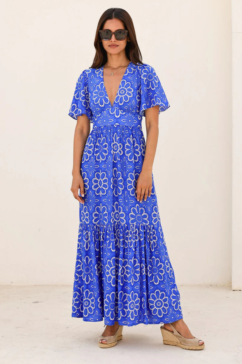 Sylvie EcoVero™ Dress - Lace Floral Cobalt and White