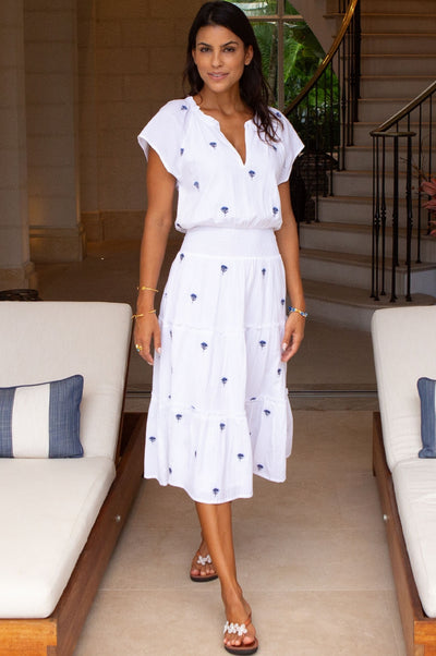 Riley Embroidered Organic Cotton Dress - White/Blue