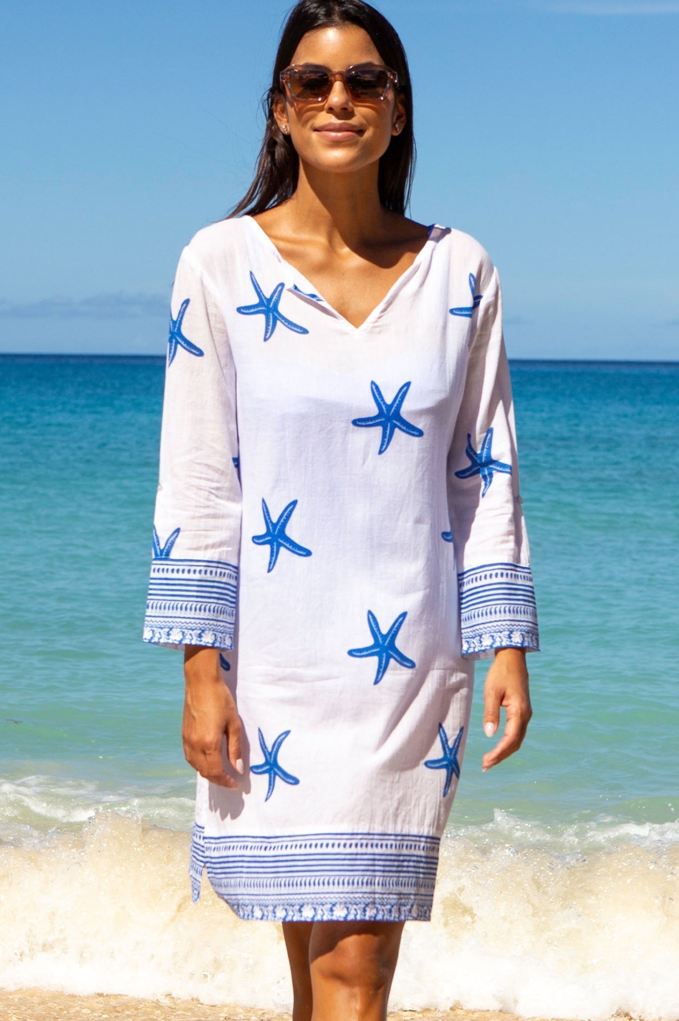 Guadalupe Short Organic Cotton Tunic Dress Summer Holiday Beach Cover Up Starfish White Cobalt