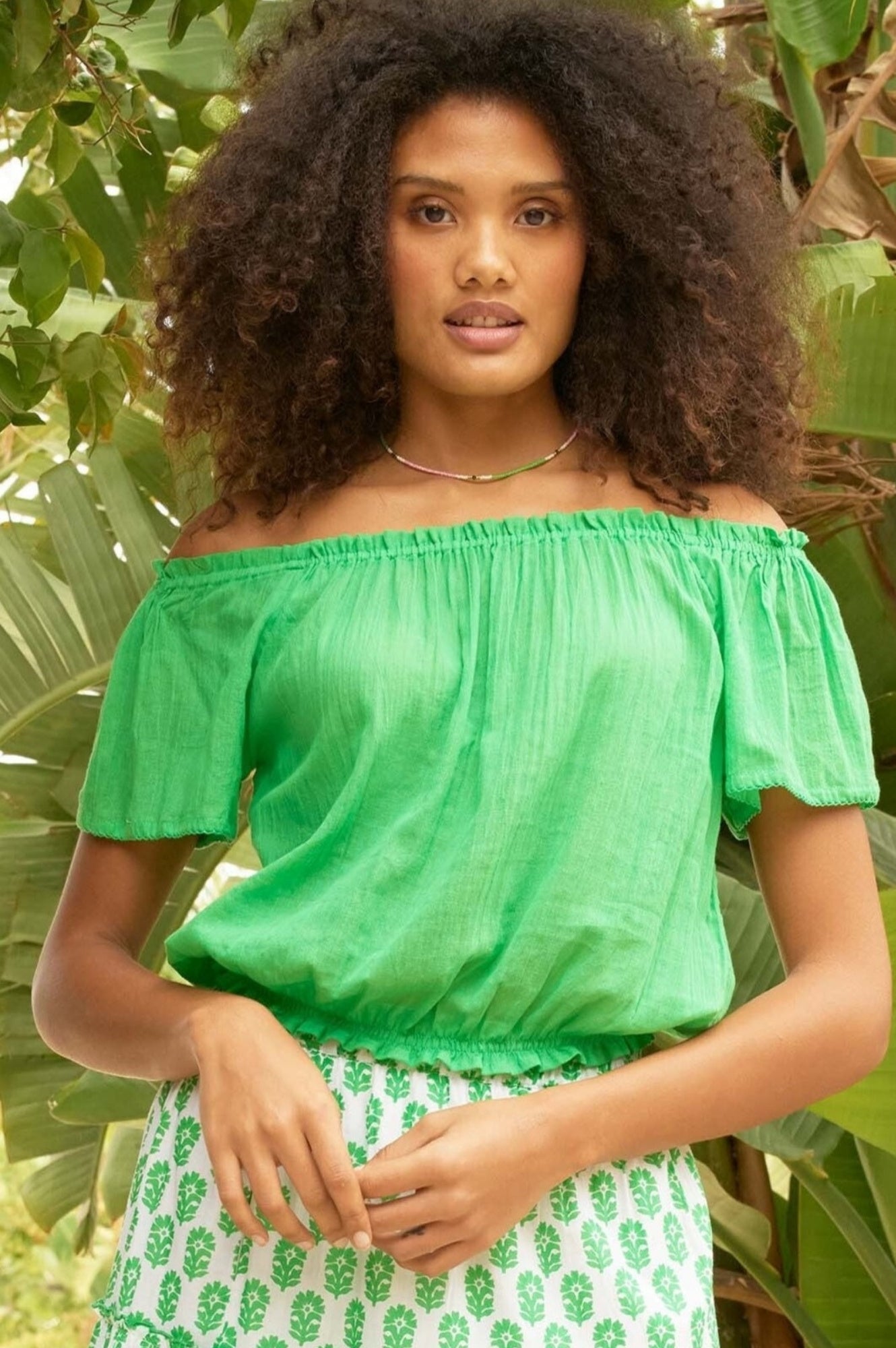 Thin Cotton Ilana Organic Cotton Top Summer Holiday On / Off the Shoulder | Circle Geo Green XS-XL