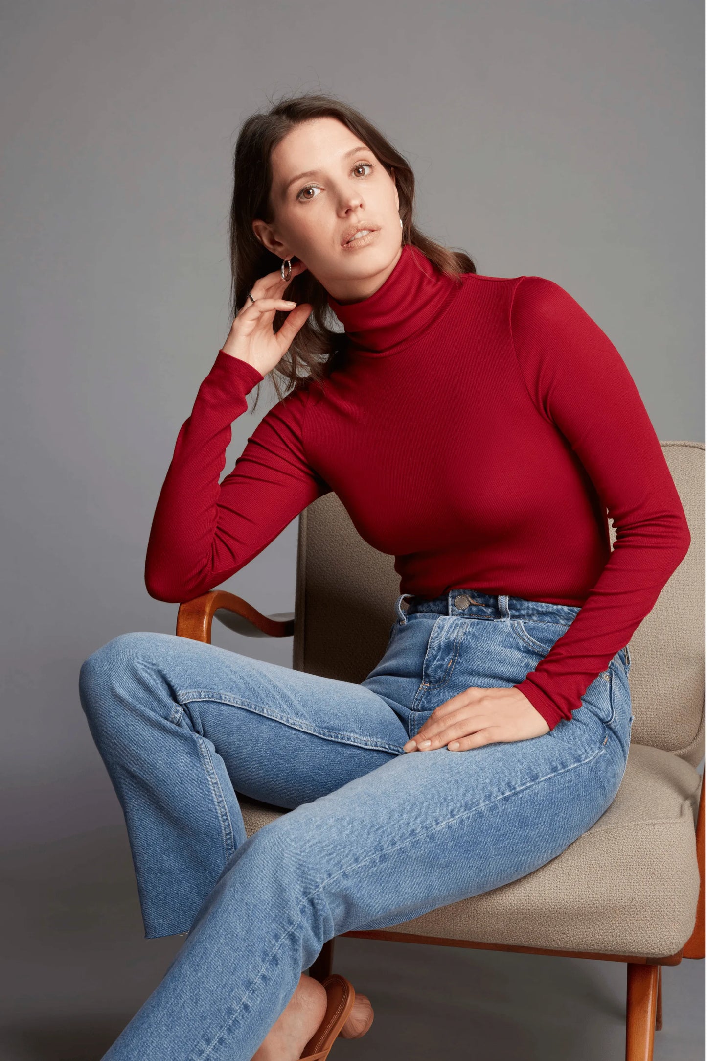 Silk Rib Roll Neck Top Wine