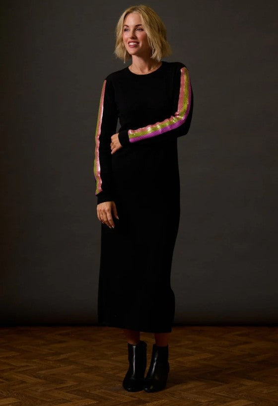 Sonia Knit Midi Dress - Black, Sequin Stripes