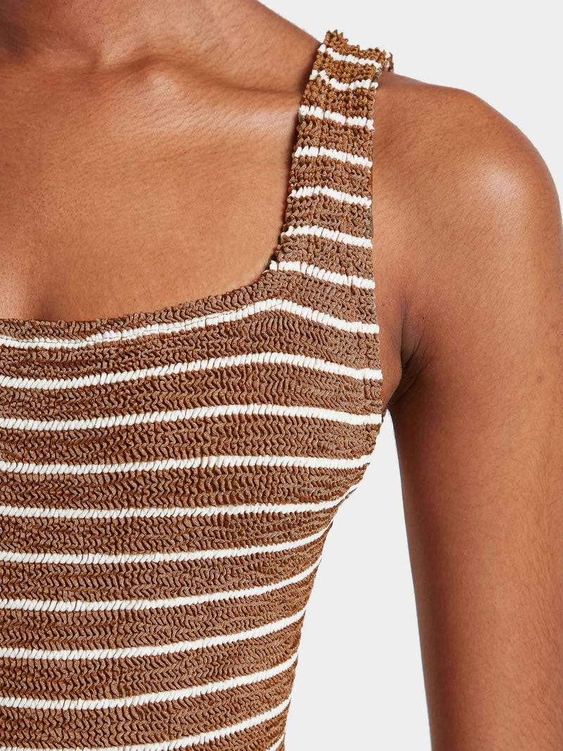 Square Neck Crinkle Swimsuit - Cocoa/White Stripe