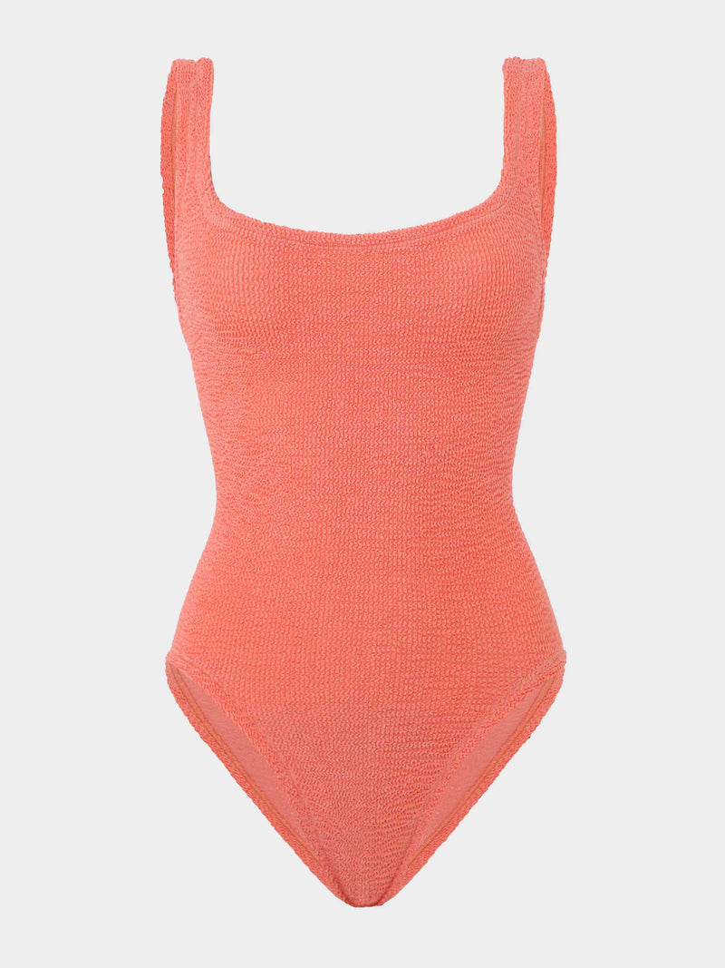 Square Neck Crinkle Swimsuit - Metallic Coral