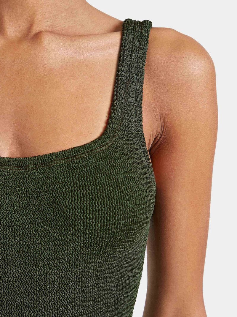 Square Neck Crinkle Swimsuit - Metallic Khaki
