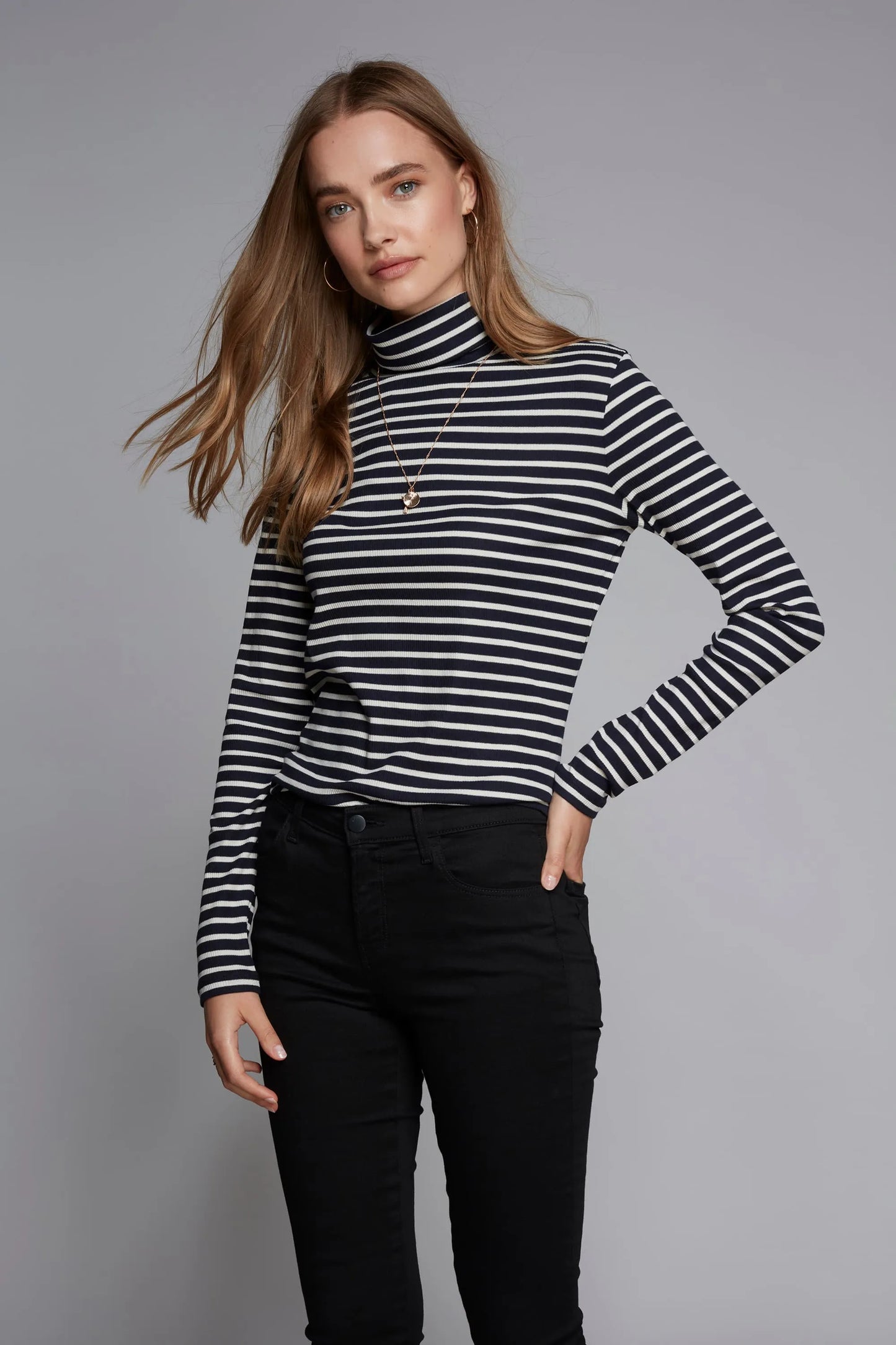 Striped Cotton Roll Neck Navy