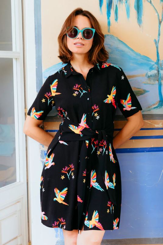 Dessie Mini Shirt Dress - Black, Tropical Parrots