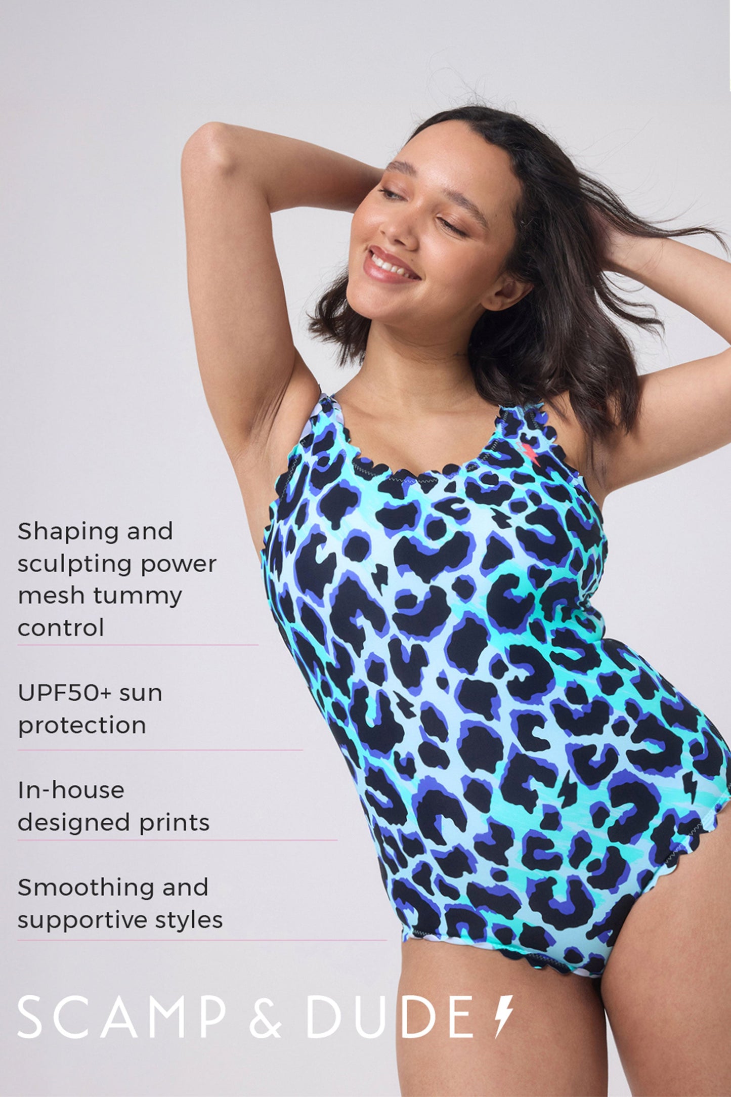 Turquoise with Blue and Black Shadow Leopard Scallop Edge Swimsuit