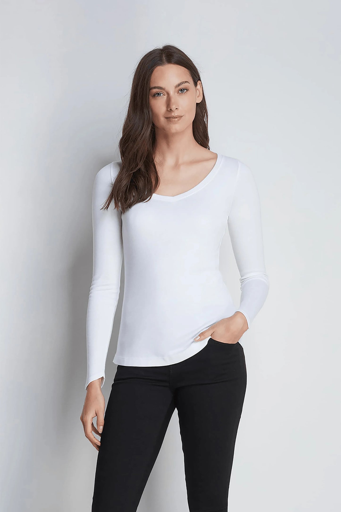 Long Sleeve V Neck Cotton Modal Blend T-shirt White