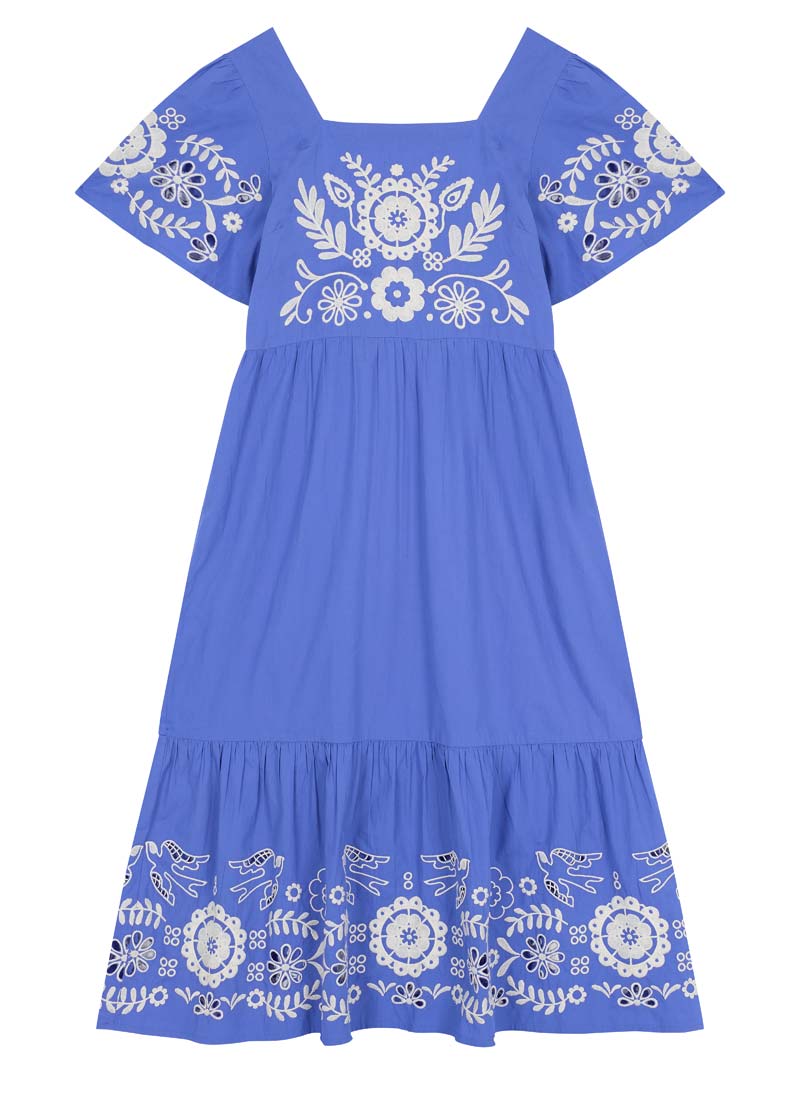 Alice Embroidered Square Neck Midi Dress - Blue